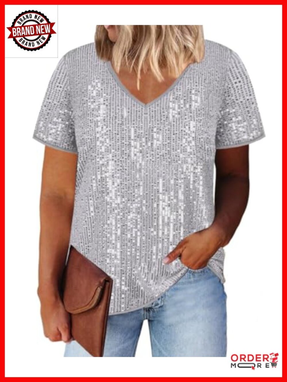 Plus Size Sequin Tops Short Sleeve V Neck Party Shirts Blouses Oversize